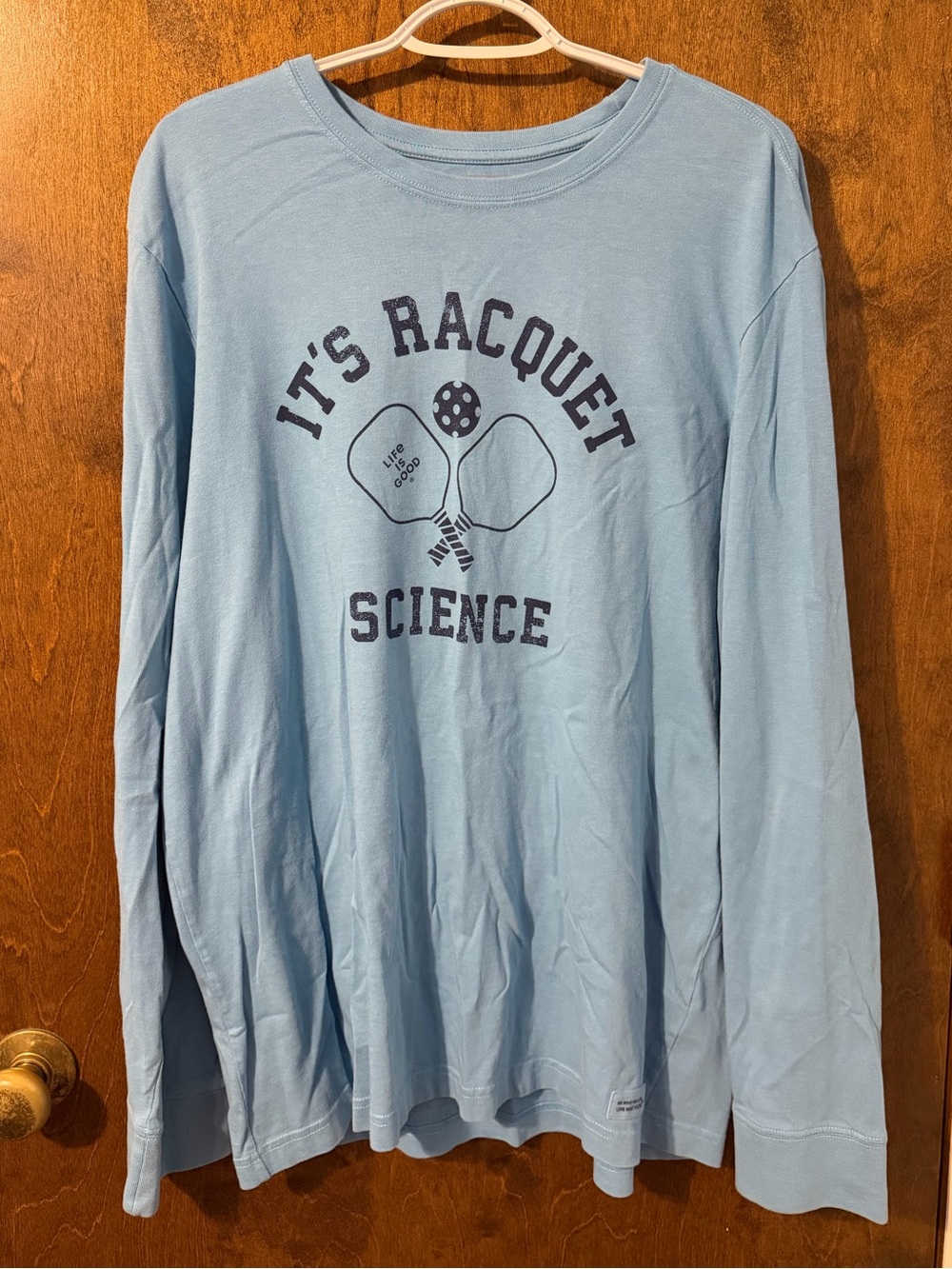 Large Life Is Good Light Blue Crewneck Shirt with Navy Pickleball Logo